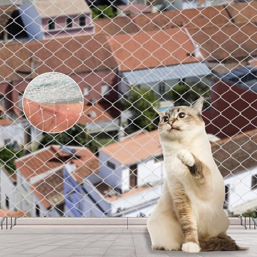Katzennetz für Balkon, 10x3m Ohne Bohren Katzennetz, Transparent Vogelschutznetz, Transparentes Katzenschutznetz für Katzen, Drahtverstärkt Balkonnetz, zur Absicherung von Terrasse, Fenster und Türen