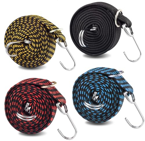 4 PCS Bungee Cords with Hooks, 2m/6.6ft Adjustable Bungee Straps Heavy Duty Elastic Straps Anti-slip Flat Rubber Straps for Luggage Camping Roof Racks Moving Cargo