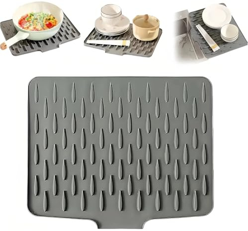 Abtropfmatte Geschirr, Silikon Abtropfmatte Spüle, Multifunktions Abtropfgestell Geschirr als Spülmatte und Topfuntersetzer, Geneigte Fläche und Rillenstruktur für Optimalen Wasserablauf (Grau, L)