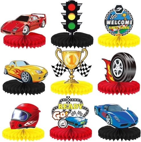 Racing Car Waben-Mittelstücke, 9 Stück Racing Car Spiel Auto Party Decoration Honeycomb Ornament,Geburtstagsthema Tischdekorationen für Kinder, Mädchen und Tischdekorationen für Party, Babyparty