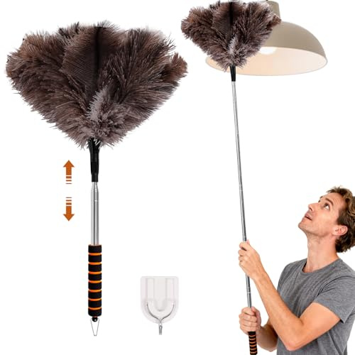 MEGETGOD 60 Inch Ostrich Feather Duster, Extendable Feather Duster with Fluffy Genuine Feathers for Cleaning High Ceilings Lights, Cupboards, Home, Car, Office