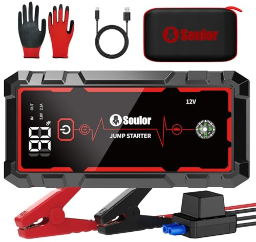 Jump Starter, Battery Jumper Starter Portable, Car Battery Jump Starter with 3 Modes Flashlight, Compass, Power Bank and Jumper Cable