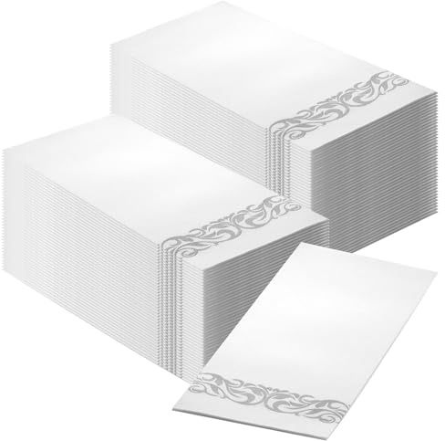 Disposable Napkins - 50Pcs Disposable Linen Texture Paper Napkins, 43 * 30cm White Dust-Free Serviettes, Silver Stripe Print, Highly Absorbent, Suitable for Wedding Parties and Christmas