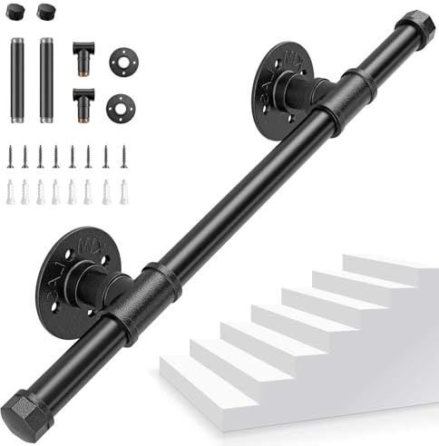 Corrimano per Scale, Aomdom Ringhiera per Scale Passamano per Scale Interne, Corrimano Scale Nero con Tubo in Acciaio Zincato Industriale Antiscivolo Antiruggine per Cucina Bagno Giardino, 0,5M