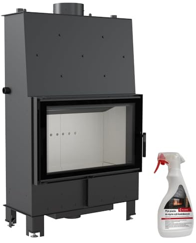 kratki Lucy Camino a legna con scaldabagno, scambiatore di calore BImSchV 2, conforme a 16 kW, efficienza termica 84% acciaio, rivestimento Thermotec in vetro decorativo, 138 x 85 cm, con detergente