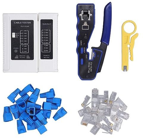 RJ45 Crimp Tool Kit Pass Through Ethernet Crimper Cat5e Cat6 Cat6a 8P8C Tool Kit Cutting Stripping Crimping Network Cable Pliers Wire Strippers Network Tester