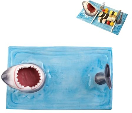 RUTYAUB Sushi Serving Plate Shark,Shark Sushi Platter, Ceramic Dipping Plate Rectangle,Funny Sushi Plate, Artistic Food Serving Trays with Soy Sauce Holder Dinner Plates for Dessert Side Dishes