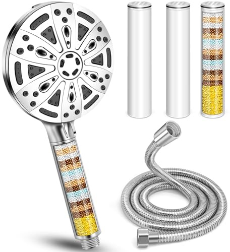 Soffione Doccia con Filtro a 15 Fasi, Doccino per Doccia con Tubo da 1,5M, 8+2 Modalità di Spruzzo Soffione Doccia Alta Pressione Risparmio Idrico, Soffione Doccia Anticalcare(Argento con tubo)