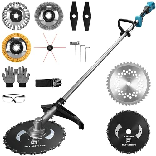 7-IN-1 Batteridriven grästrimmer kompatibel med Makita batterier 18 V, 1 380 W borstlös friklippare batteri med 7 blad och axelremmar, 1 800 varv/min elektrisk röjsåg för trädgård, gräsmatta (utan