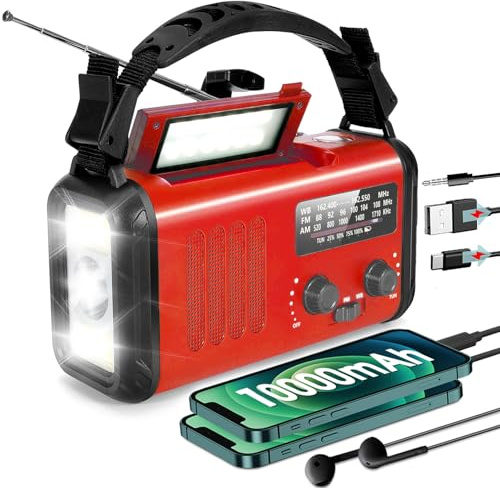 Wind Up Solar Radio,10000mah Hand Crank Emergency Radio, AM/FM/WB Radio | Battery Powered Solar Weather Radio with USB Phone Charger, Reading Lamp Flashlight & SOS for Emergency (10000mah Red)