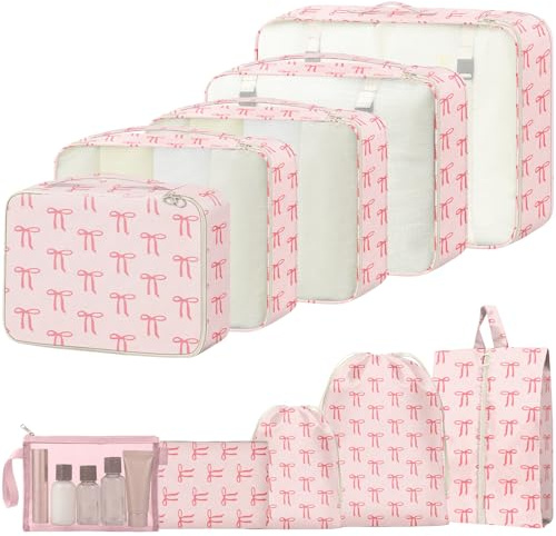 10PCS Packing Cubes for Suitcases, Travel Organiser Packing Bags for Clothes Shoes Toiletries Travel Luggage Organizers Storage Bags (Pink bow)