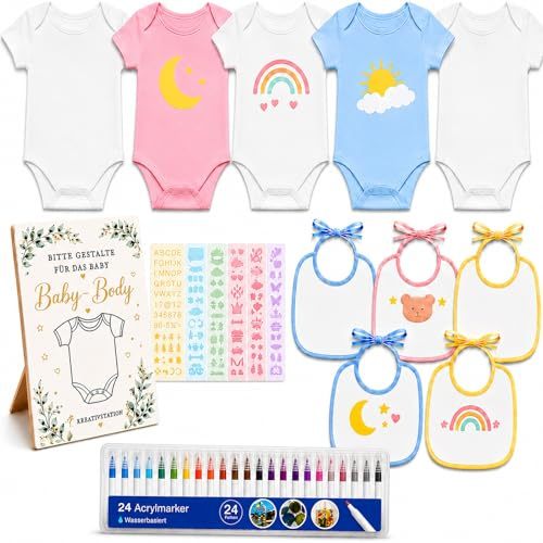 41-tlg. Lätzchen zum Bemalen Babybody zum Bemalen – Babyparty Spiele | BABY SHOWER DIY-SPIEL FÜR GÄSTE – 5 Bodys, 5 Lätzchen, 24 Textilstifte & 6 Schablonen – Geschenkidee für werdende Mama