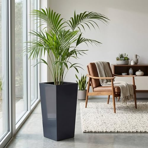Maceteros Altos para Flores CON Cubeta Interior, Maceta Grande de Exterior/Interior, Plástico mate, para Terraza, Jardín o Salón, resistente UV, 55 Alto x (29,5x29,5) cm, color Antracita