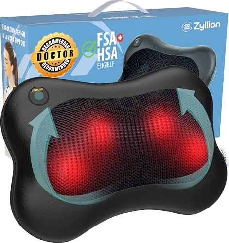 Zyllion Shiatsu Back and Neck Massager - 3D Kneading Deep Tissue Massage Pillow with Heat for Muscle Pain Relief, Chairs and Cars - Black (ZMA-13-BK)