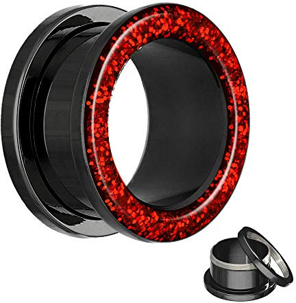 Treuheld® | Schwarzer Flesh Tunnel mit rotem Glitter/Glitzer - 17 Größen: 2-30mm - schraubbar - mit Schutzschicht - Piercing Ohr Tunnel aus Chirurgenstahl 316L (nickelfreier Edelstahl)