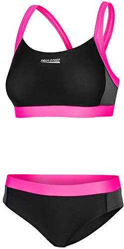 Aqua Speed Damen Sport Bikini Set Zweiteiler | Bustier Schwimmbikini für Mädchen | Womens Swimwear | Zweiteilige Badebekleidung | Two Piece Swimsuit | Schwarz-Grau-Rosa, Gr. 34 | Naomi