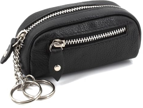 ekavale Leder Schlüsseltasche mit 2 Ringen 2 Fächer - Schlüsselbeutel mit Reißverschlussfach - Schlüsselmappe mit Geldfach (Schwarz)