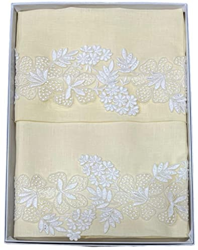 Corredocasa Coppia 1+1 Asciugamani Eleganti Di Puro Lino Ricamati a Mano Punto Antico Bianco Tessuto Di Alta Qualità Italiana. Raffinata coppia di asciugamani 1+1 in tessuto misto lino (Biscotto)