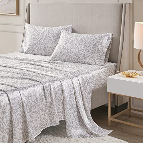 Madison Park Essentials Satin Sheet Set Luxury and Silky with Natural Sheen, Elastic 14 Pocket fits up to 16 Mattress, All Around Elastic - Year-Round Bedding, Queen Taupe Leopard 4 Piece