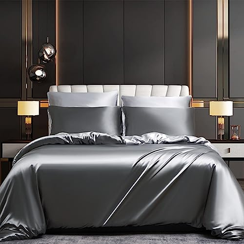 Luofanfei Bettwäsche Satin 155x220 Grau Hellgrau Glanzsatin Seide Glatt Kühlende Bettwäscheset Uni Seiden Glänzend Luxus Muster Sommer Bettbezug 155 220 und Kissenbezüge 80x80 cm mit Reissverschluss
