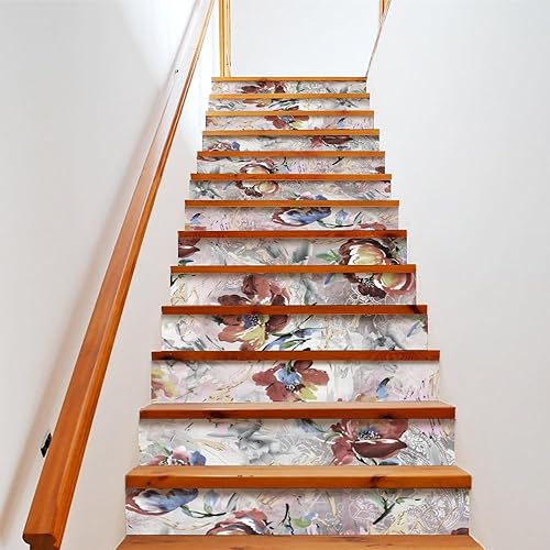 COALHO Aquarell Blumen Selbstklebend Wasserdicht Treppenerhöhung Treppe Abstrakte Moderne Kunst Floral Vintage Ölgemälde für Innen- und Außentreppe 100 cm x 18 cm x 2 Set
