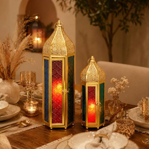 TRIROCKS 2er-Set Dekorative Ramadan-Kerzenlaterne aus Metall Orientalischer Kerzenhalter Arabische Hängende Teelichter Marokkanische Laternen mit Gehärtetem Glas für Heimdekoration Drinnen Draußen