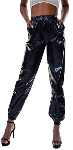 Yowablo Hosen Damen Hose Mit Gummizug Und Seiten Tasche Schrittlänge Jogger High Lange elastische (B-Black, M)