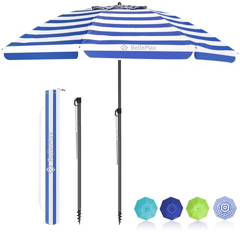 BelleMax Parasol de Plage Exterieur, avec ancre de sable 12 cm & Sac de Parasol, Inclinable sur 30°, Hauteur réglable, pour Balcon, Plage, Terrasse, Protection Solaire UV50 +,Bleu-Blanc,200 cm