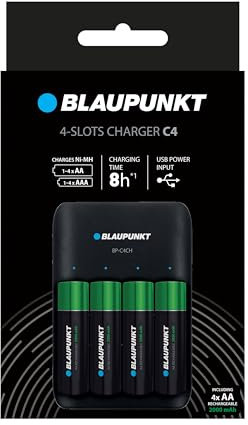 Blaupunkt Caricabatterie USB per 1-4 pile ricaricabili AA/AAA, tempo di ricarica 8-10 h, 4 pile incluse - 2000 mAh