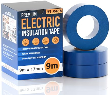 LEDSone Lot de 3 rouleaux de ruban isolant en PVC bleu 9 m x 1,7 cm | Ruban isolant en PVC haute tension pour isolation électrique, imperméable, durable, pour la maison, le bureau et les projets de