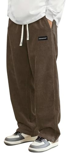 Hidkat Pantalon décontracté en velours côtelé pour homme, coupe ample, jambe large, pantalon de survêtement droit, taille élastique, cordon de serrage