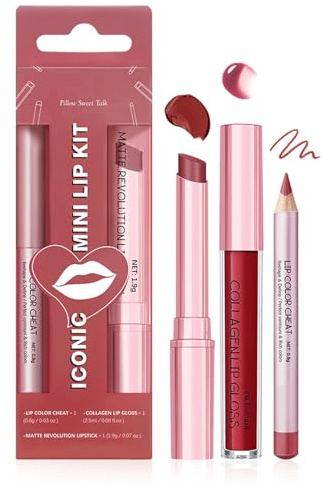 Clawrex Juego de 3 barras de labios mate sedosas, juego de brillo de labios con lápiz labial, brillo de labios y delineador de labios, resistente al agua, hidratación profunda, kit de pintalabios todo