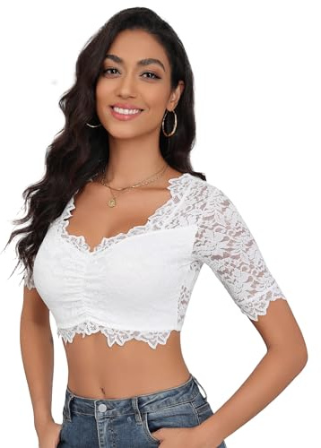 Hotouch Dirndlblus, dam, spets, kostymblus, vit, kortärmad, Dirndl-blus, elegant, svart, spetsblus för Oktoberfest stretch, traditionell blus med knapp, XS–XXL