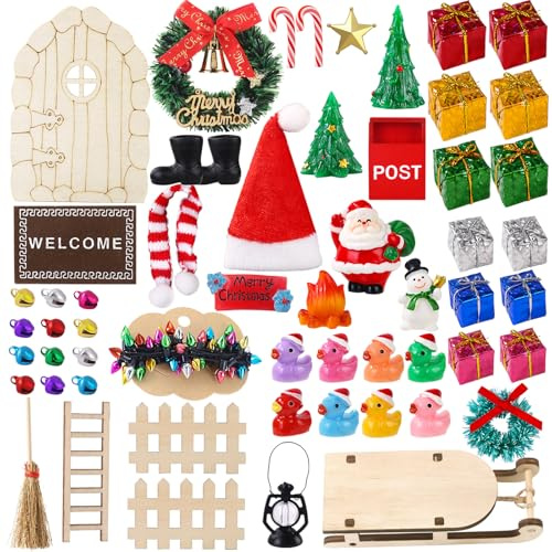 XIMISHOP Weihnachten Wichteltür Wichtel Set, Miniatur Wichtel Zubehör | Weihnachtswichtel Weihnachtsdekoration mit Miniatur Briefkästen Zäun Kranz für Weihnachten Geschenk Deko