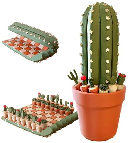 Jeu d'échecs en forme de cactus - 21 cm - Portable et enroulable - Avec 32 pièces de plantes en pot - Convient pour les amateurs de plantes - Décoration de table d'intérieur (vert)