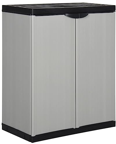 SKTQYQO Gartenschrank aus Kunststoff, grau und schwarz, 68 x 40 x 85 cm, mit 2 Türen und 1 Einlegeboden, robustes Outdoor-Möbel für Terrasse, Werkzeugschrank mit Schloss