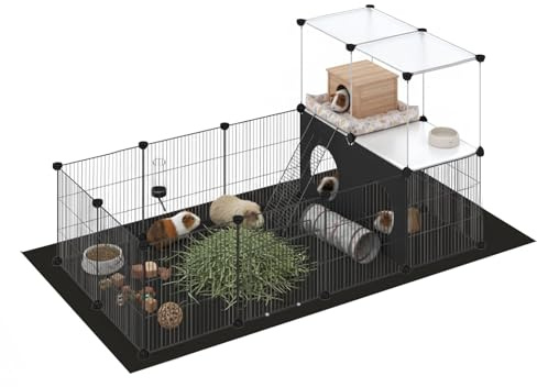 Skylos Rabbit Run with Ramp, DIY Multi-Level Guinea Pig Cage, Indoor Rabbit Cage with 4 Compartments, Small Animal Playpen for Bunny, Hamster, Rat, Kitten and Hedgehog