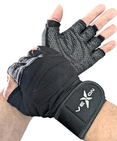VEXON Guantes Gimnasio Hombre y Mujer – Guantes de Gimnasio Antideslizantes y Transpirables para Pesas, Fitness y Musculación – Guantes para Entrenamiento en Gym y Levantamiento de Pesas. Negro - L