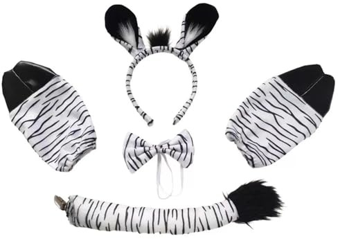 Stirnband Zebra Ohren Haarreif Tier Thema Party Cosplay Kopfbedeckung Tierisches Accessoire Stirnbänder für Tierkostüme Karneval 4-Teiliges 1 Stirnband + 1 Krawatte + 1 Schwanz + 1 Paar Handschuhe
