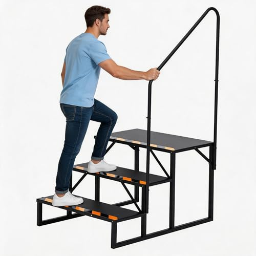 Tragbare Wohnmobil Treppe Mit Einseitiger Handlauf – Rutschfeste Einstiegstreppe Aus Stahl, Pulverbeschichtet – Freistehende Trittstufe Für Wohnwagen, Camper, Whirlpool, Mobilheim & Outdoor, 3 Stufen