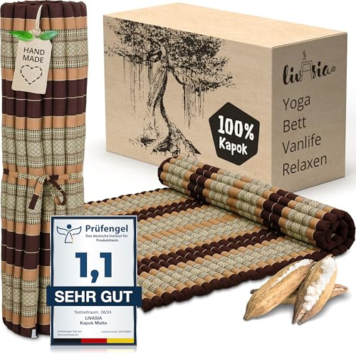 livasia Rollmatte XXL breit Doppelbett - 200x145x4,5cm - Gästebett Gästematratze 2 Personen mit Muster, Reisebett für Kofferraum und outdoor, Thaimatte Kapok Garten und Balkon (Braun)