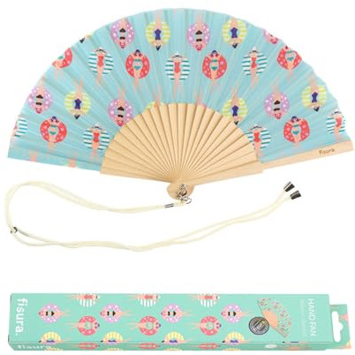 Fisura - Originale ventaglio con stampa di nuotatori. Ventilatore a mano in legno moderno e colorato. Ventaglio blu. Misure: 42,5 x 23 cm. Materiali: legno e tessuto.