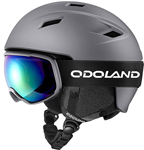 Odoland Kit de Casco Esquí con Gafas Esquí, Casco Snowboard para Hombres Mujeres Jóvenes, Protección UV 400 y a Prueba de Viento, Casco Deportivo para Esquí Snowboard y Patinaje, Gris Titanio, S