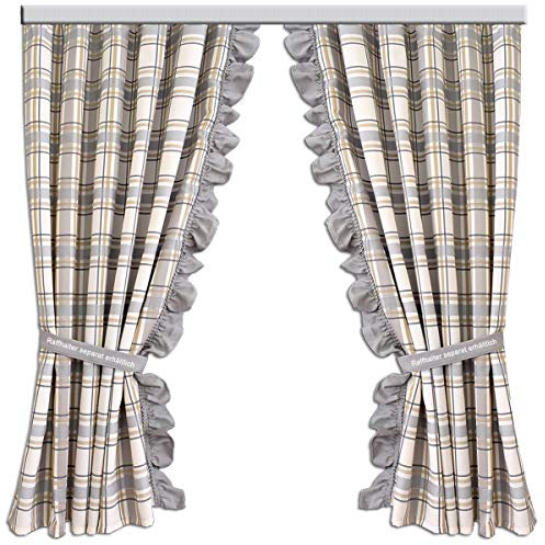 Dekoschal-Set Hetty mit Rüsche hochwertiger Webstoff grau-weiß kariert | Set 2 Stück Landhaus-Vorhang mit Reihband | Deko-Garnitur für Küche, Esszimmer, Ferienhaus Höhe x Breite 125 x 130 cm