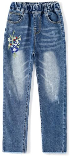KIDSCOOL SPACE Vaqueros Bordados Niña, Pantalones Inferiores de Mezclilla con Cintura Elástica para Niñas Grandes,Azul,4-5 Años