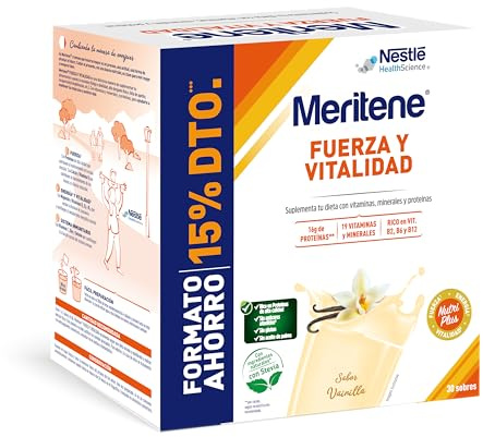 Meritene Fuerza y Vitalidad Batido Sabor Vainilla | 30 Sobres 900g | Con proteínas, calcio y vitamina D · Reduce el cansancio · Refuerza defensas