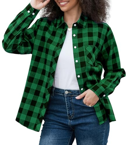 Chemise décontractée boutonnée à manches longues en flanelle imprimée à carreaux pour femme, vert, M