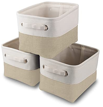 Mangata Cesto portaoggetti Set di 3, Scatole per Armadio Tessuto, Contenitori per Armadio, con Manici per Ripiani, Giocattoli (Pieghevole, Bianco Kaki Chiaro, Piccolo)