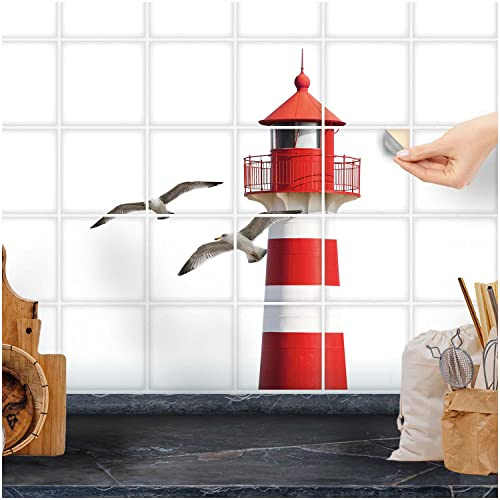 FoLIESEN Fliesenaufkleber - Deko für Bad, Küche & Co. - Selbstklebend - Möwen am Leuchtturm, Fliese (15x15 cm - 45x45 cm) / 9-tlg.