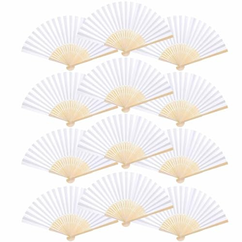 XCMVCN Fächer Hochzeit Gäste 24 Stück Set, 12STK Autoschleifen Hochzeit mit 12STK Papierfächer Weiß, Handfächer Faltfächer Fecher Damen Hochzeitsdeko für Wedding Deko Sommer Party - Weiß